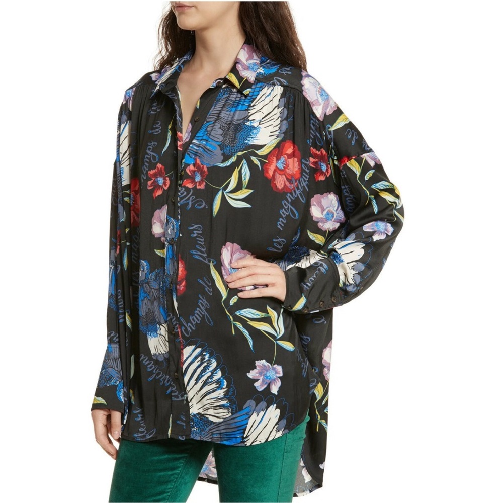 Free People Silky Nights Floral birds whimsical Black M oversized hi lo blouse - Picture 11 of 11
